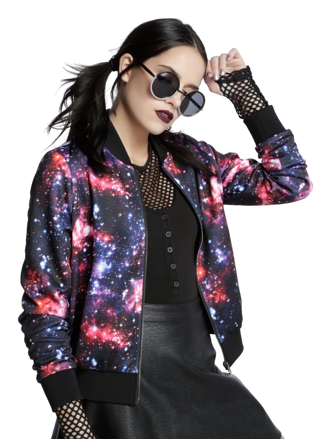 Galaxy Print Bomber Jacket, BLACK, hi-res