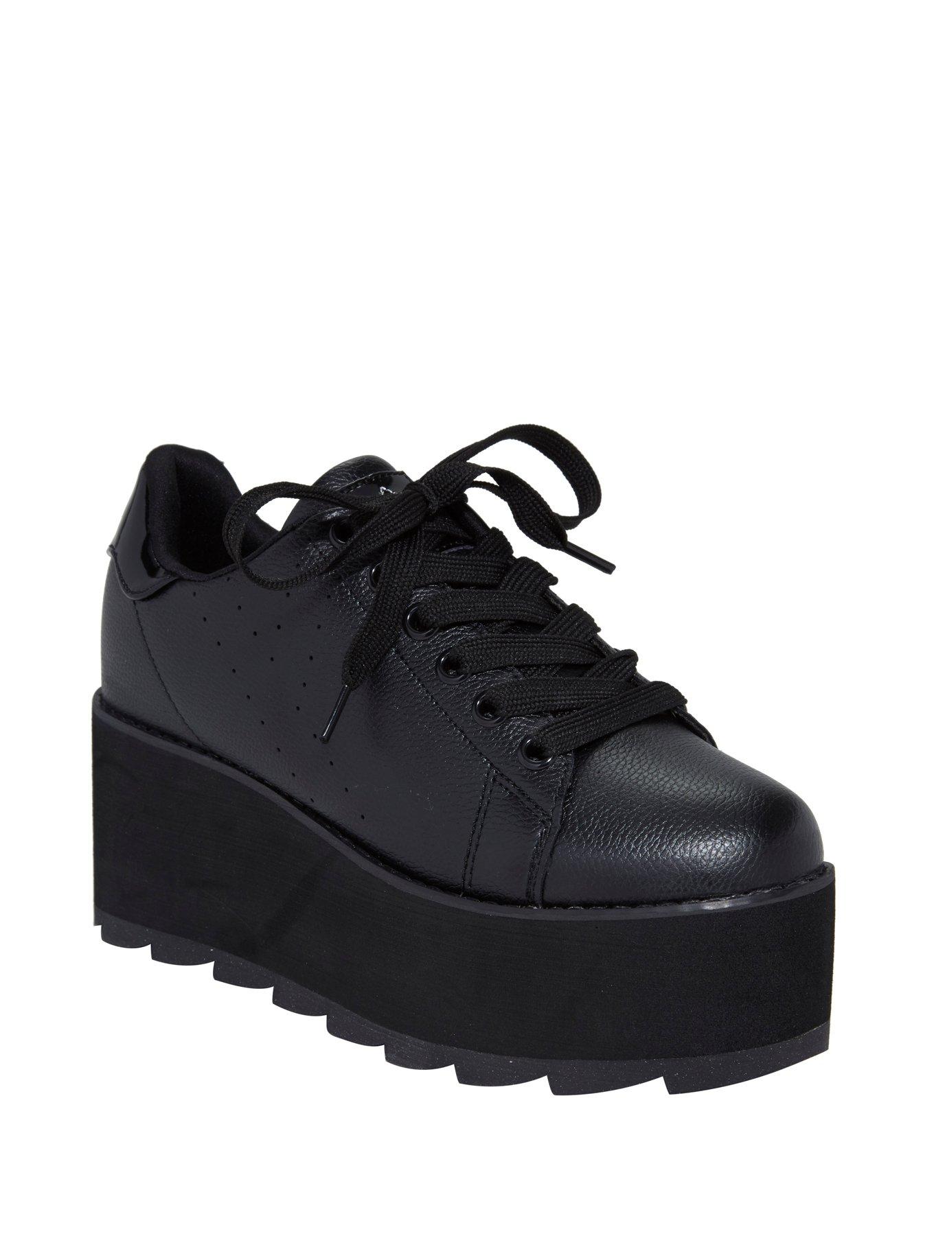 YRU Black Lace-Up Platform Sneakers, BLACK, hi-res