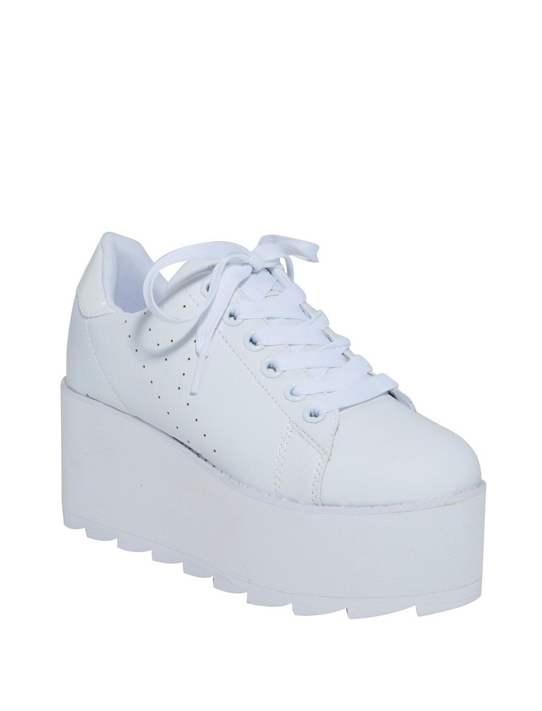 YRU White Lace-Up Platform Sneakers, WHITE, hi-res