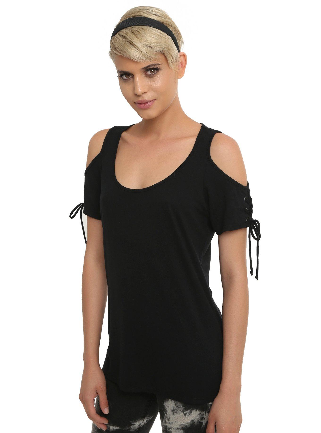 Cold Shoulder Lace-Up Sleeve Girls Top, BLACK, hi-res