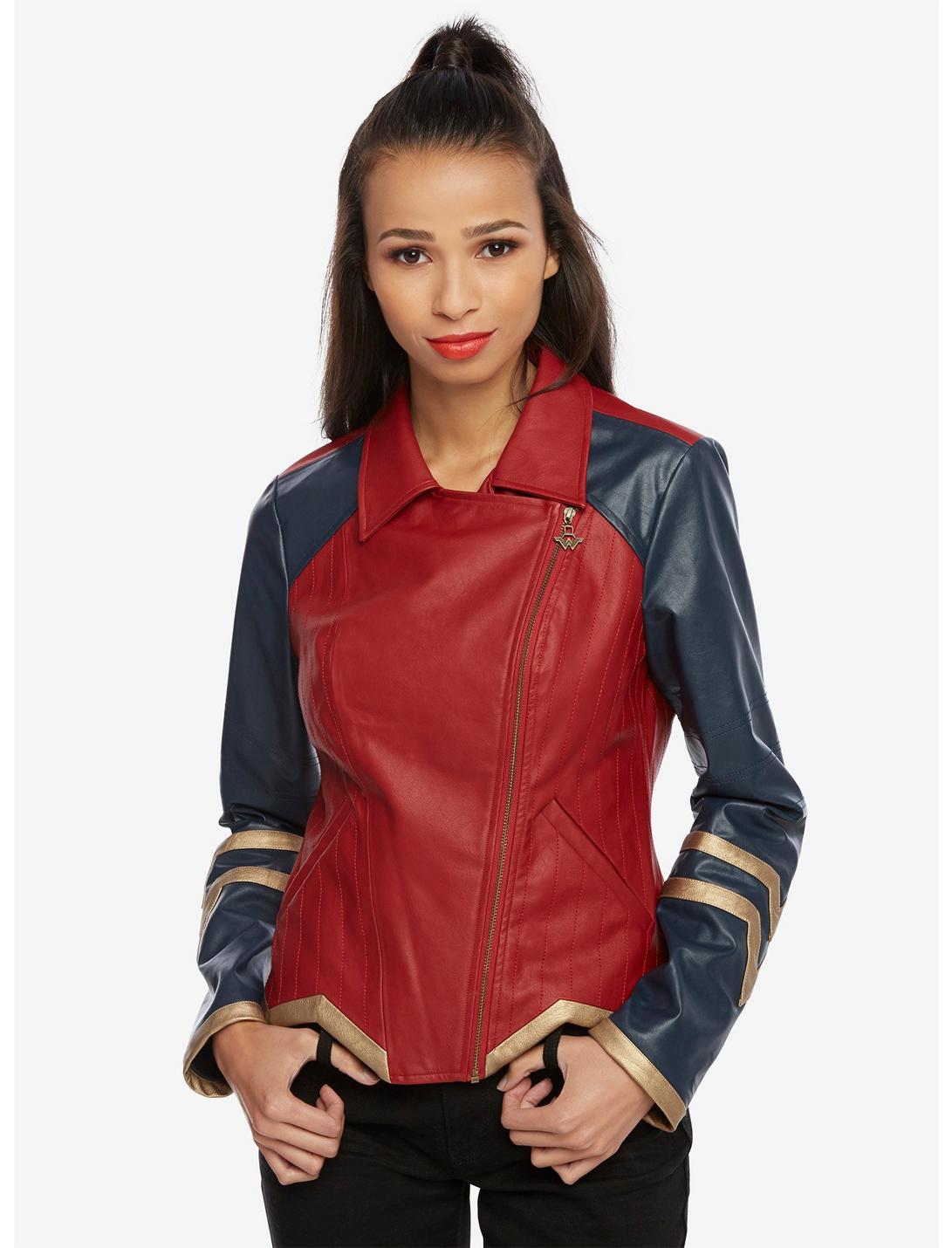 DC Comics Wonder Woman Armor Faux Leather Moto Jacket, RED, hi-res