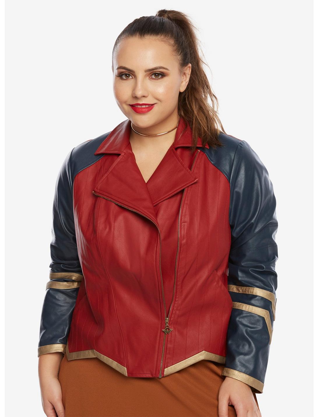 DC Comics Wonder Woman Armor Faux Leather Moto Jacket Plus Size, RED, hi-res