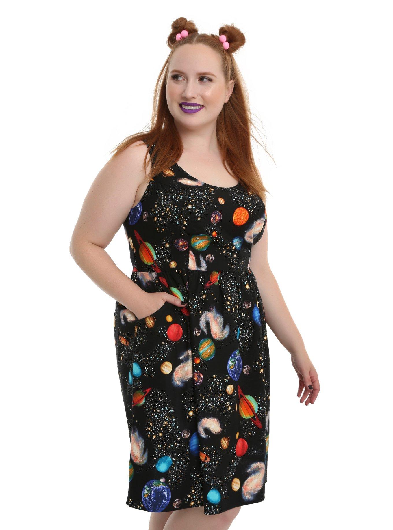 Bright Planets Fit & Flare Dress Plus Size, BLACK, hi-res