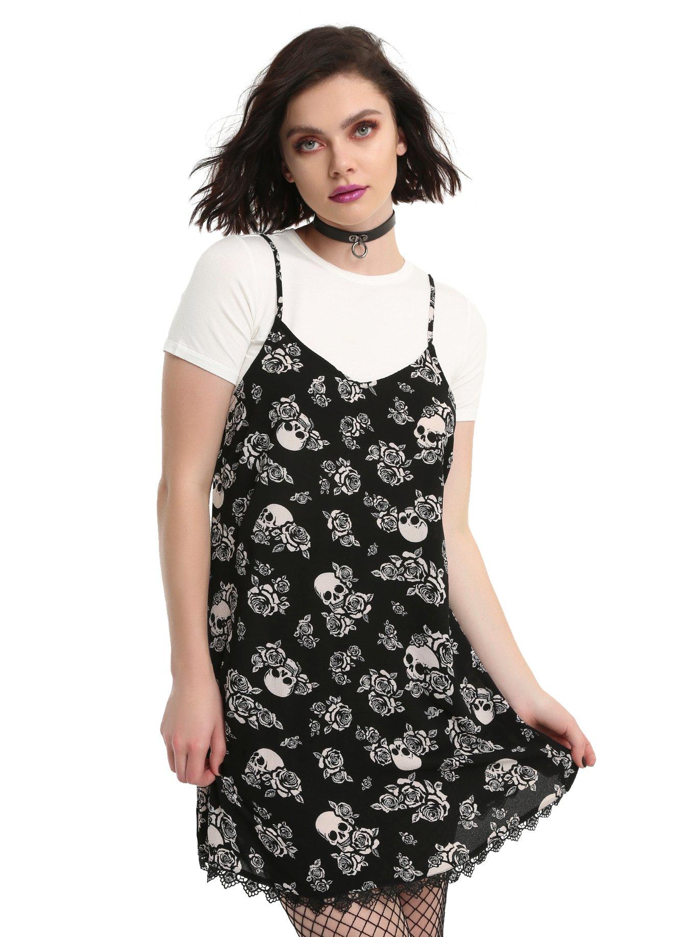 Black & White Floral Skull Tee Slip Dress, BLACK, hi-res