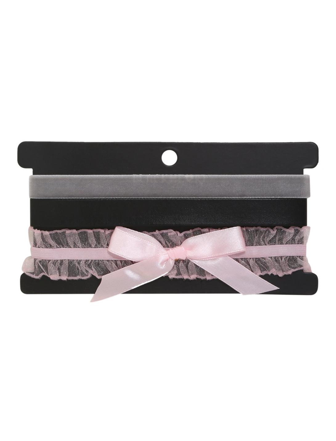 Blackheart Black Faux Leather Grey Velvet & Pink Lace Choker Set, , hi-res