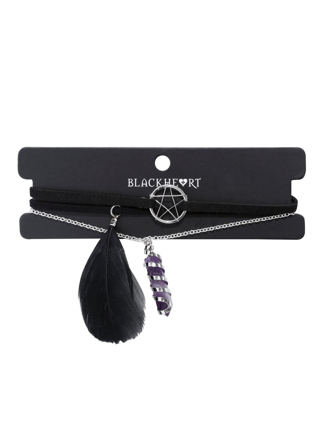 Blackheart Pentagram Feather & Crystal Choker Set, , hi-res
