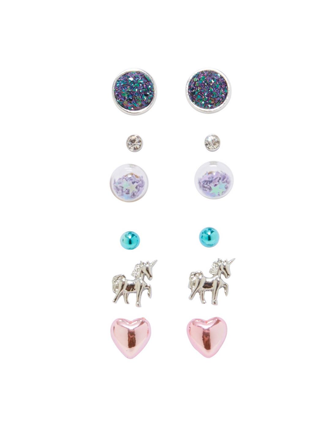 Blackheart Unicorn And Glitter Shaker Stud Earrings 6 Pair, , hi-res