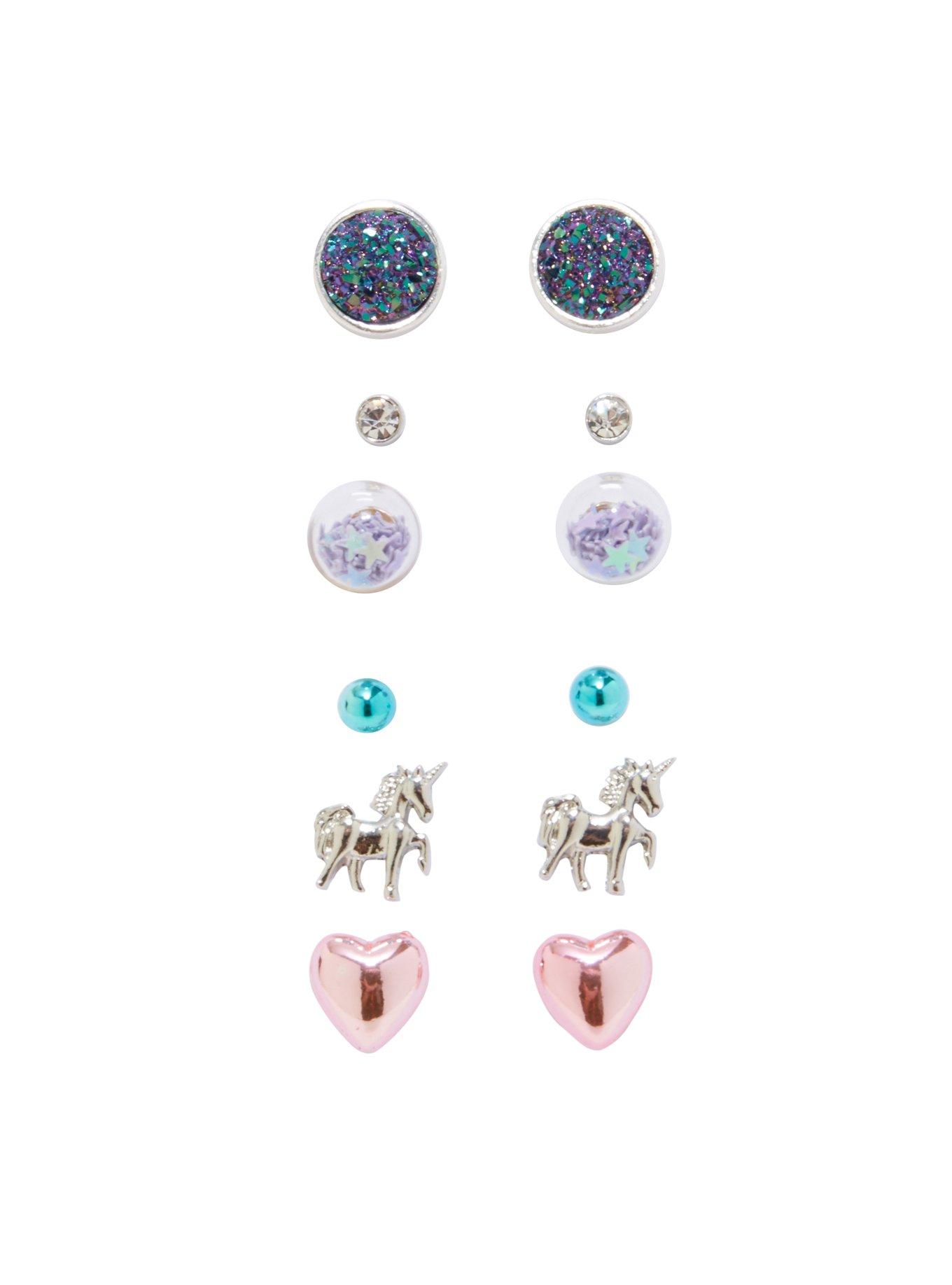 Blackheart Unicorn And Glitter Shaker Stud Earrings 6 Pair, , hi-res
