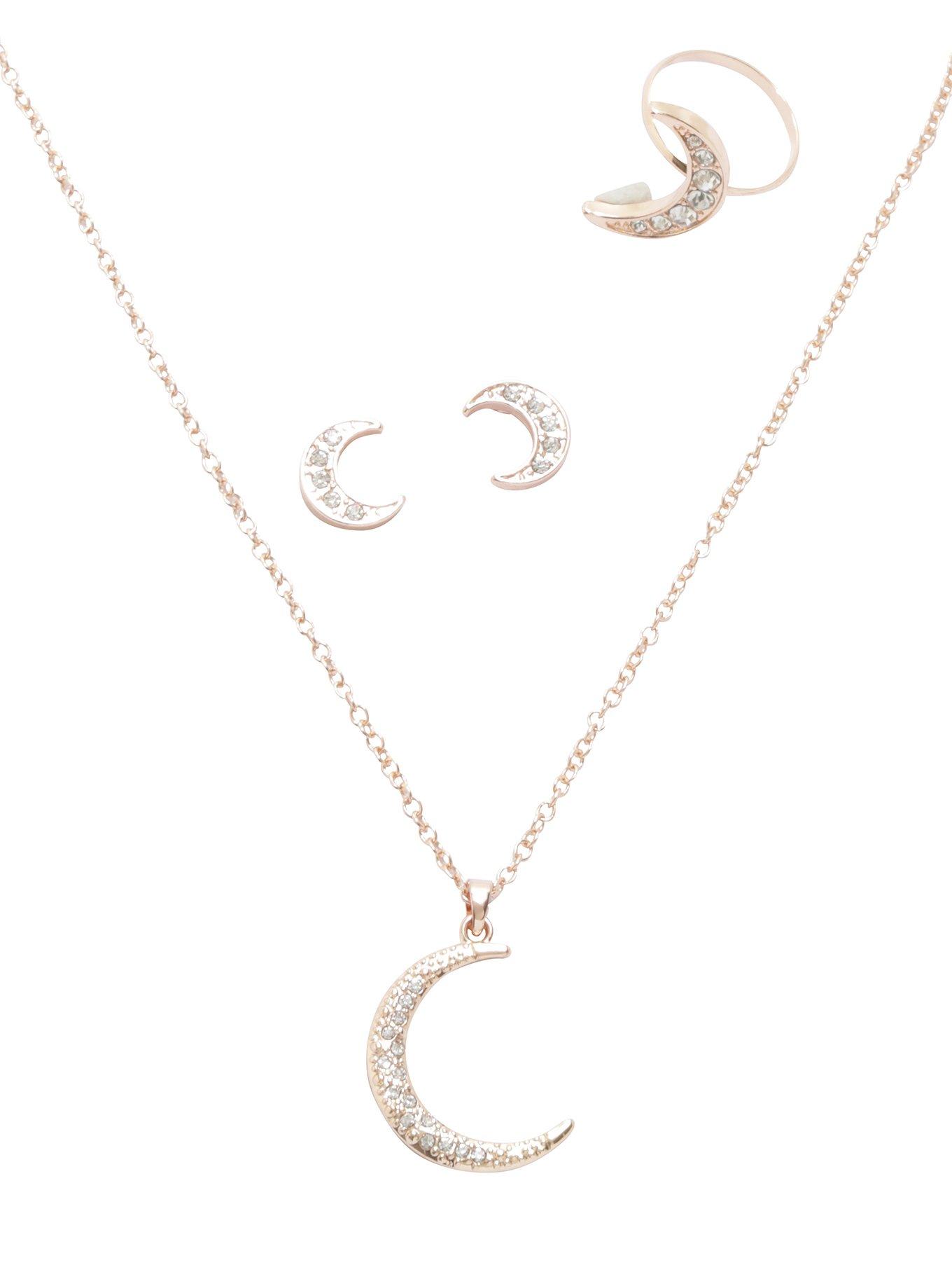 Blackheart Rose Gold Moon Necklace & Earring Set, , hi-res