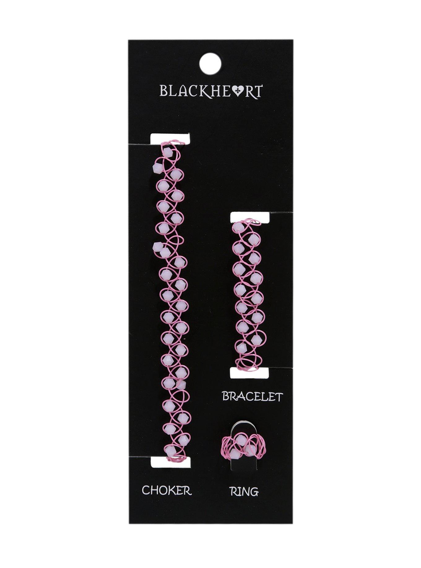 Blackheart Pink Bead Tattoo Choker Bracelet & Ring Set, , hi-res