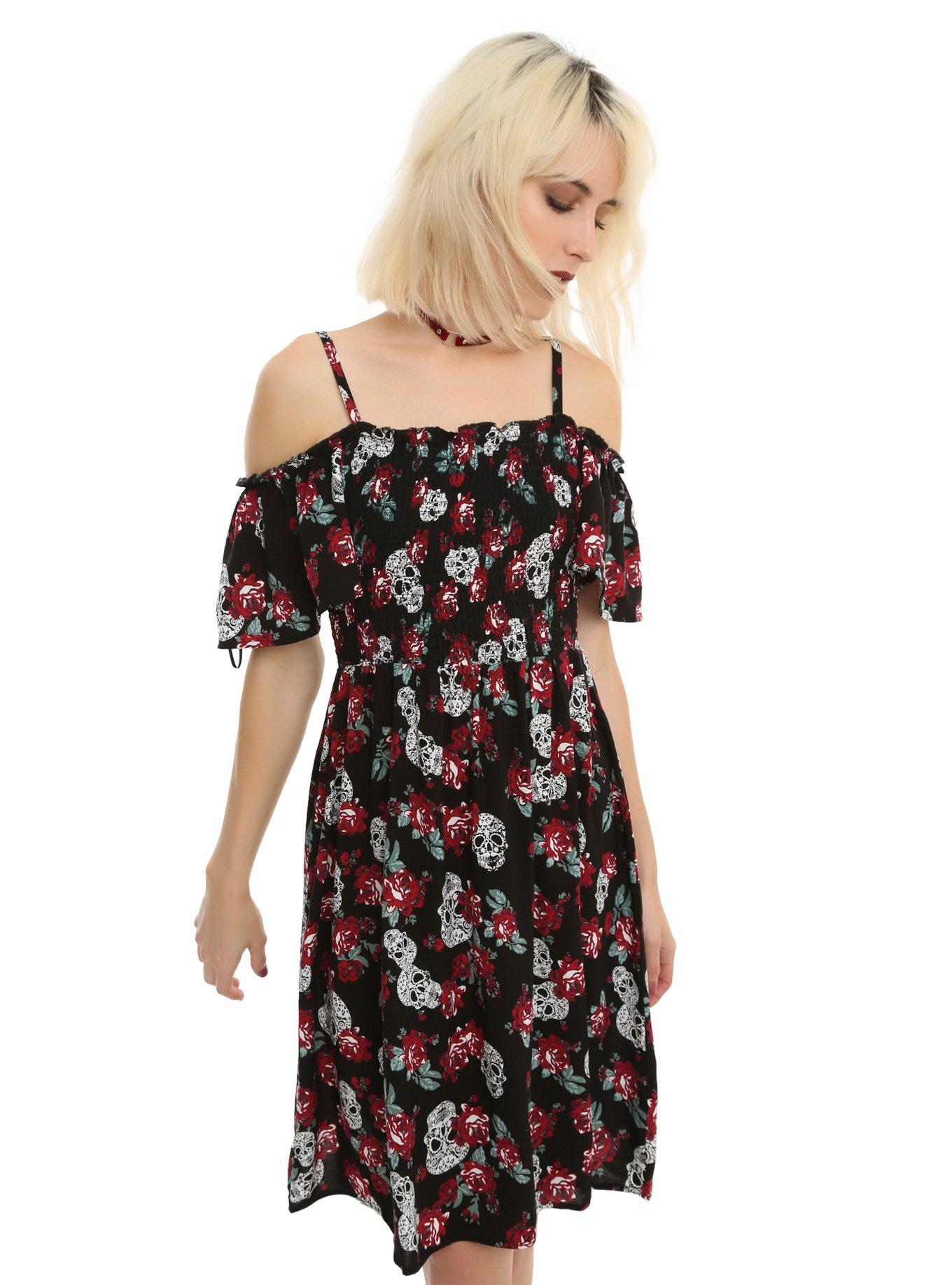 Floral Off The Shoulder Sugar Skull Dress, BLACK, hi-res