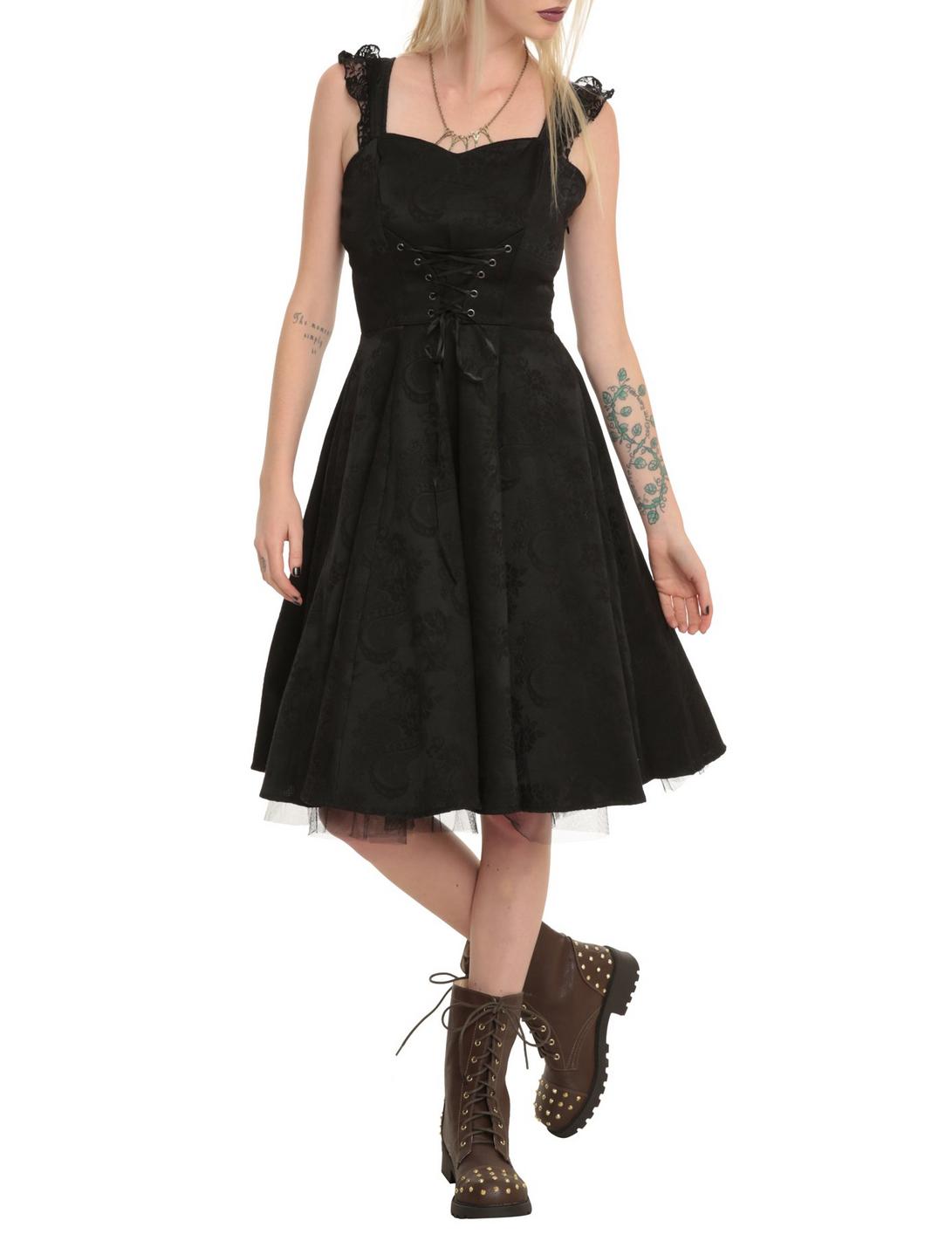Black Brocade Lace-Up Dress, BLACK, hi-res