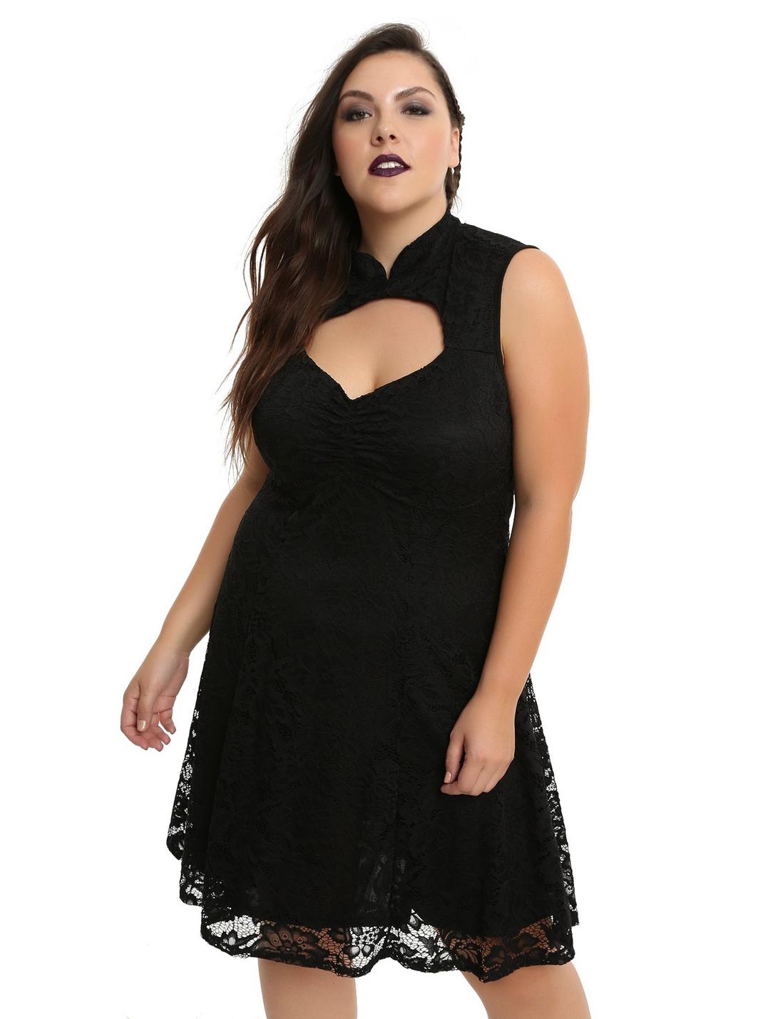 Black Lace Keyhole Dress Plus Size, BLACK, hi-res