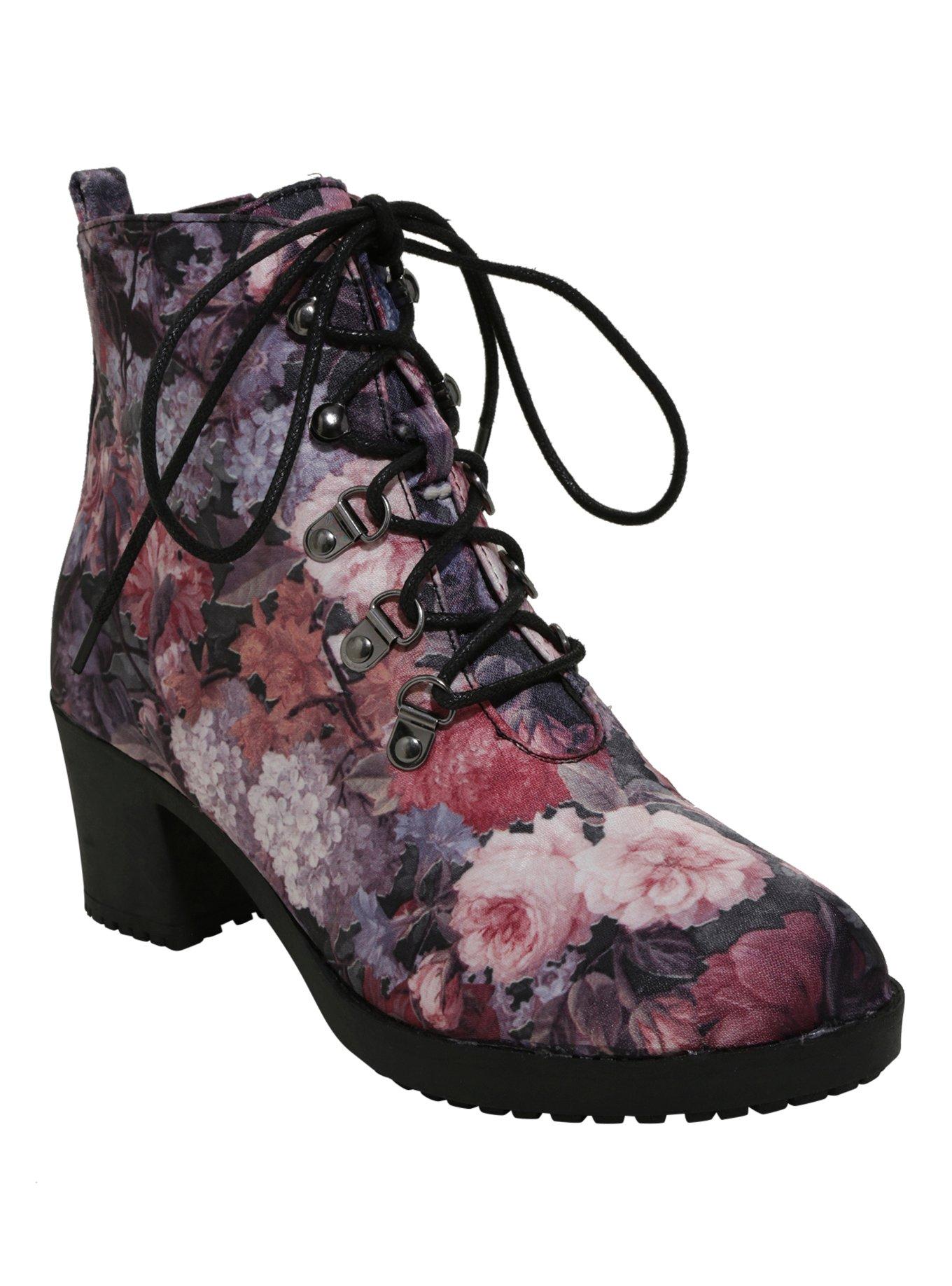 Satin Purple & Pink Floral Fabric Booties, BLACK, hi-res