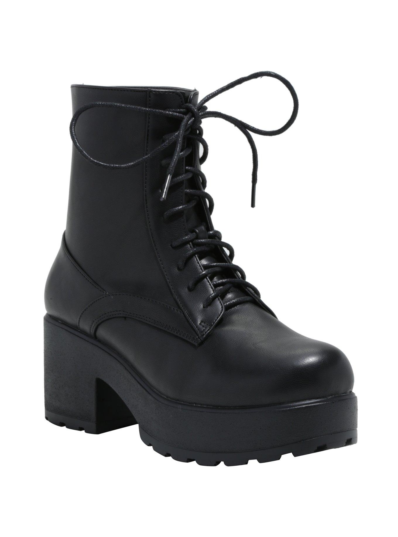 Black Wide Heel Lace-Up Boots, BLACK, hi-res