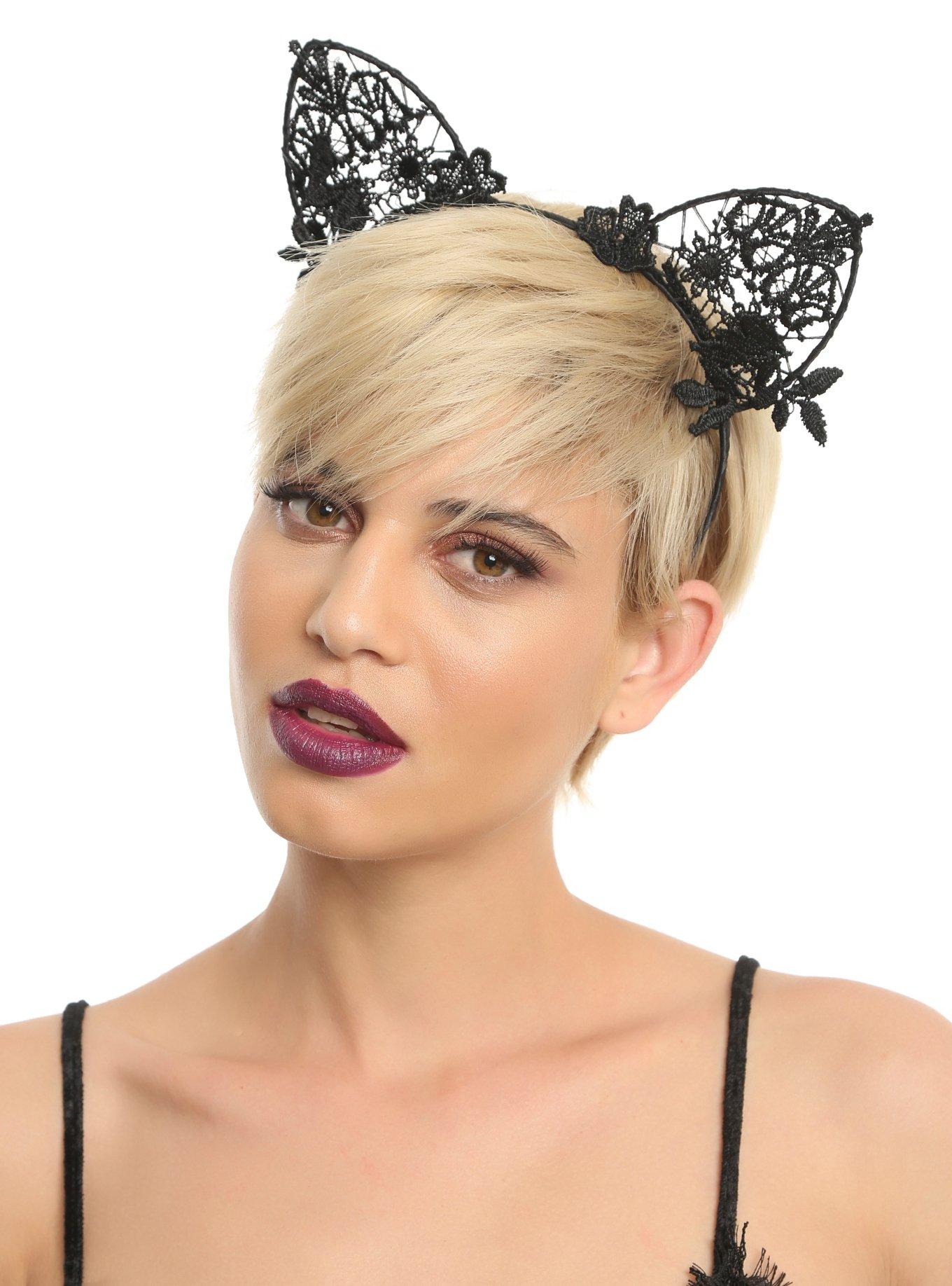 Black Lace Applique Cat Ear Headband, , hi-res