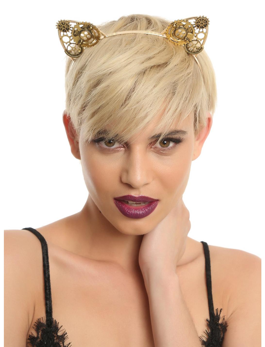Gold Steampunk Gears Cat Ear Headband, , hi-res