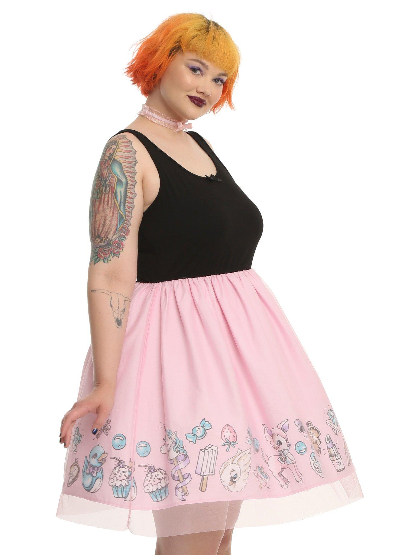 Black & Pink Tulle Party Dress Plus Size, BLACK, hi-res