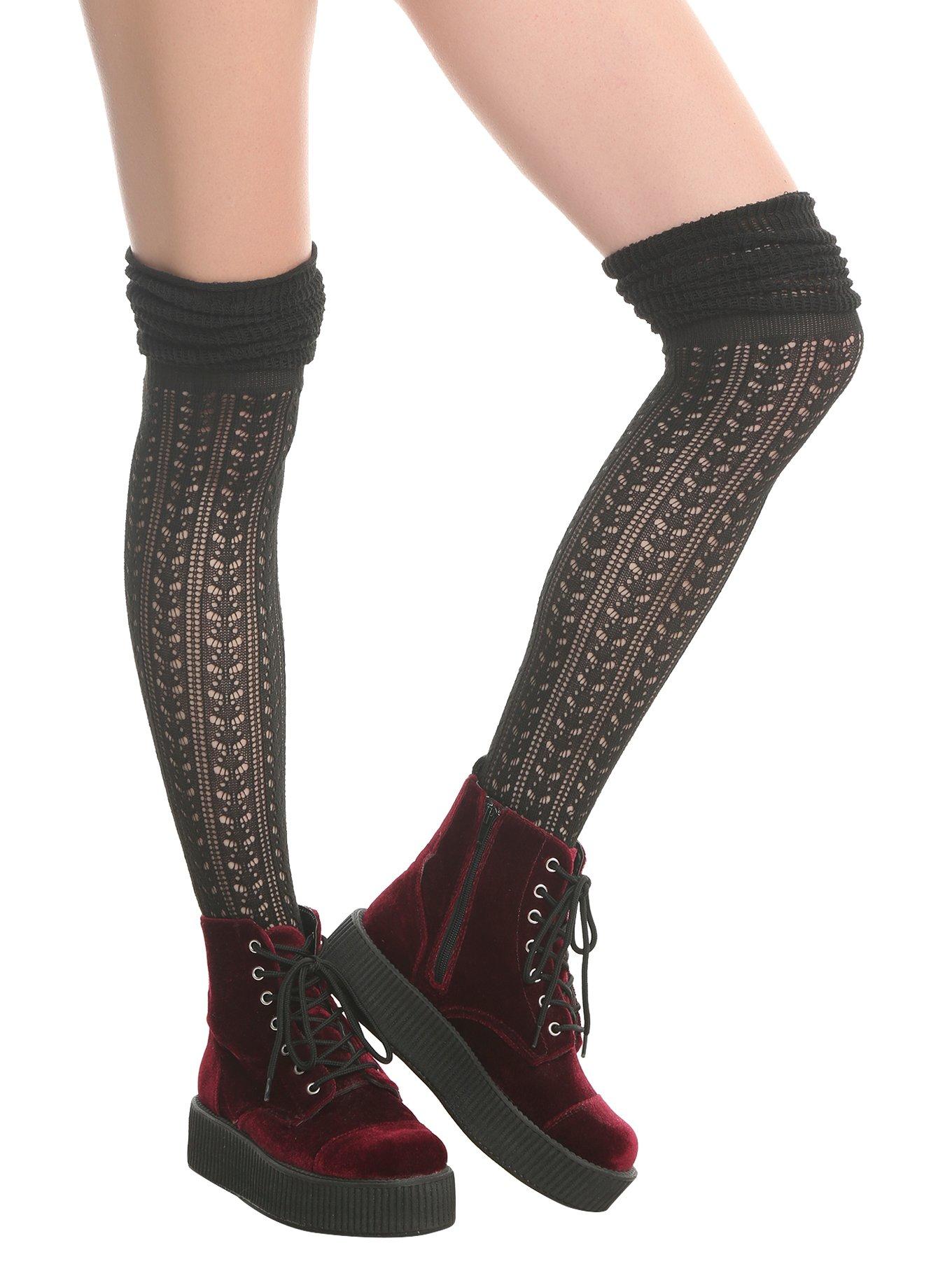 Black Pointelle Over-The-Knee Scrunch Socks, , hi-res