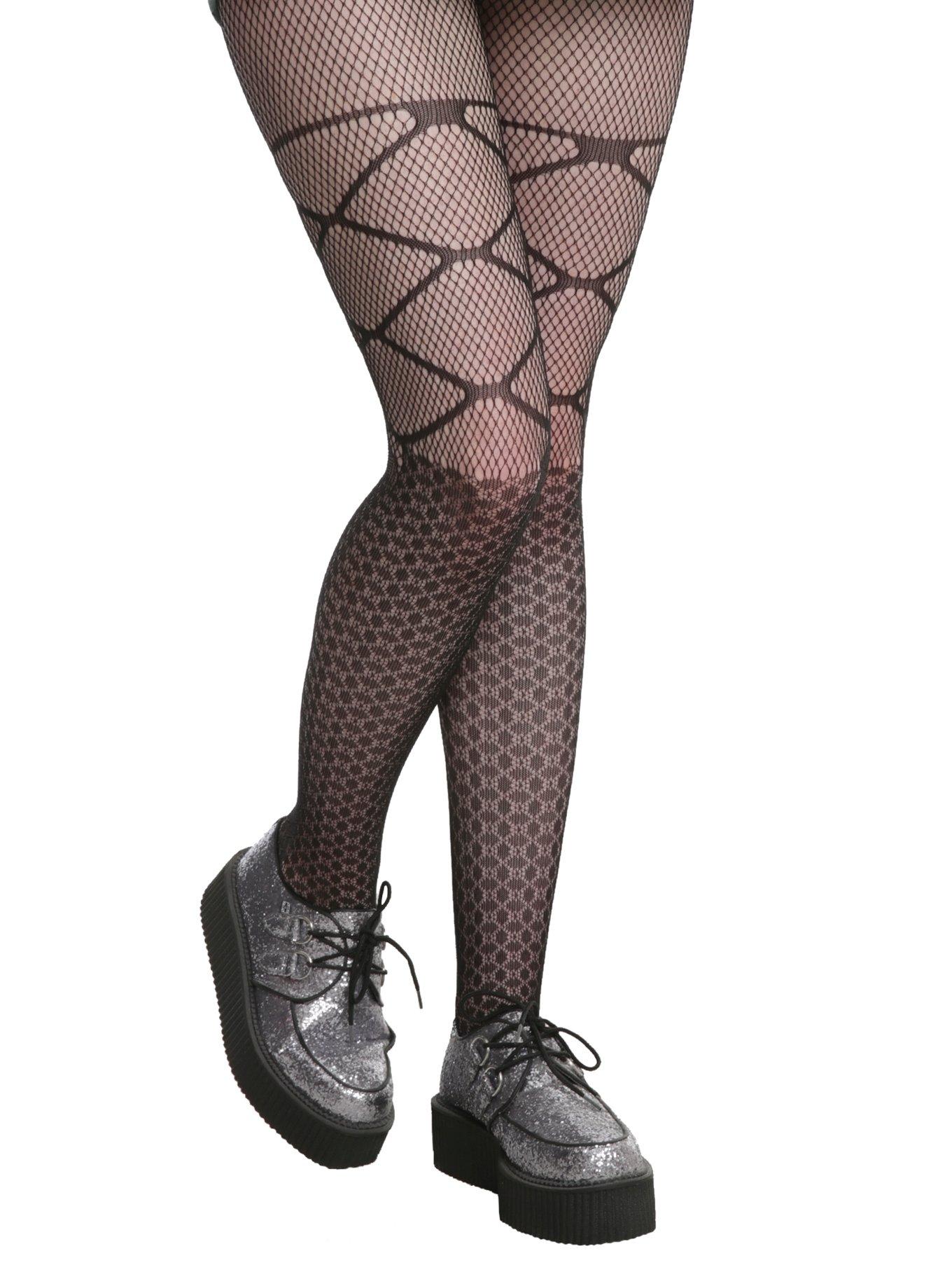 HOT TOPIC BLACK BIG 1 DIAMOND NET FISHNET FOOTED TIGHTS PUNK GOTHIC ROCKER