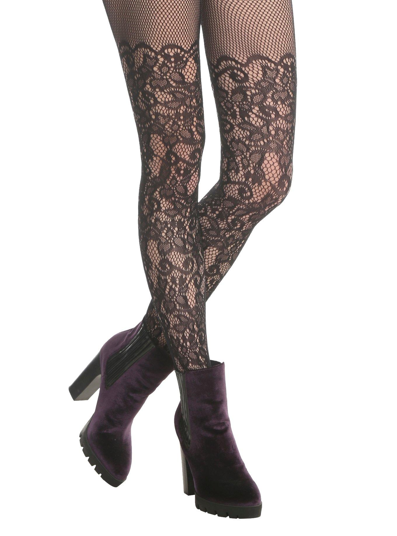 Black Floral Vine Black Fishnet Tights, , hi-res