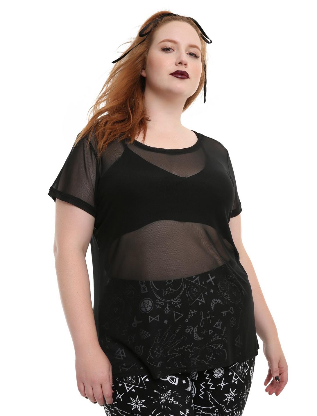 Black Mesh Girls T-Shirt Plus Size, BLACK, hi-res