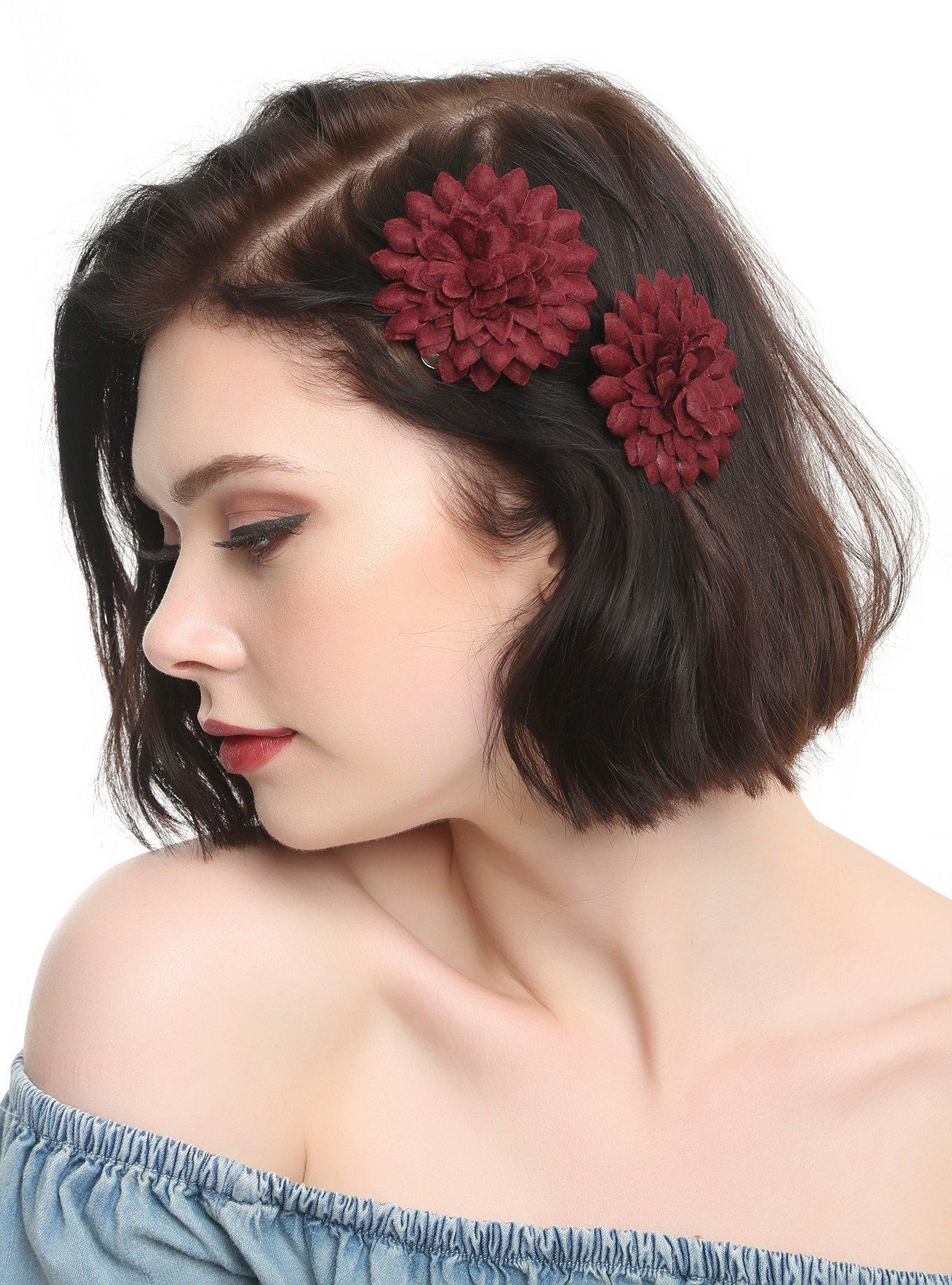 Burgundy Felt Flower Hair Clip Set, , hi-res