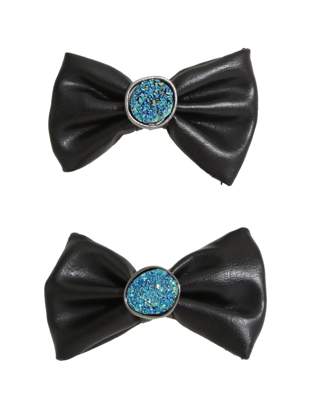 Black & Blue Druzy Bow Hair Clip Set, , hi-res