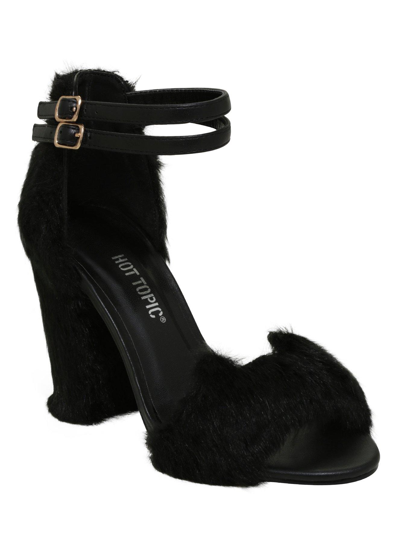 Black Faux Fur Cat Cutout AnkleStrap Heels Hot Topic
