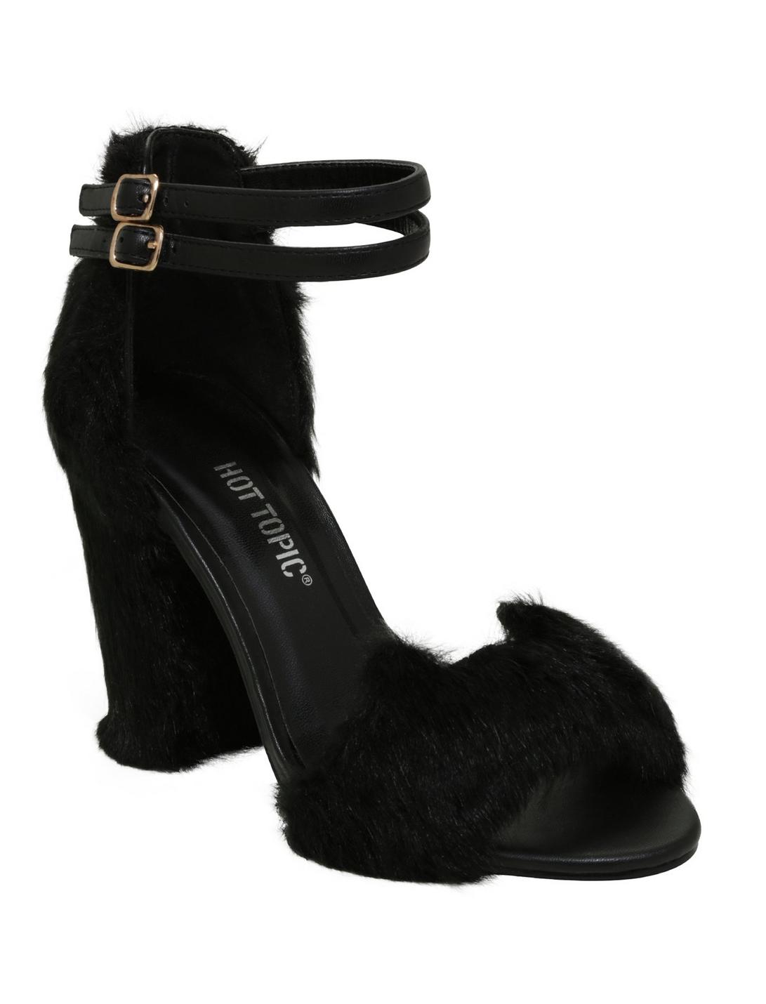 Black Faux Fur Cat Cutout Ankle-Strap Heels, MULTI, hi-res