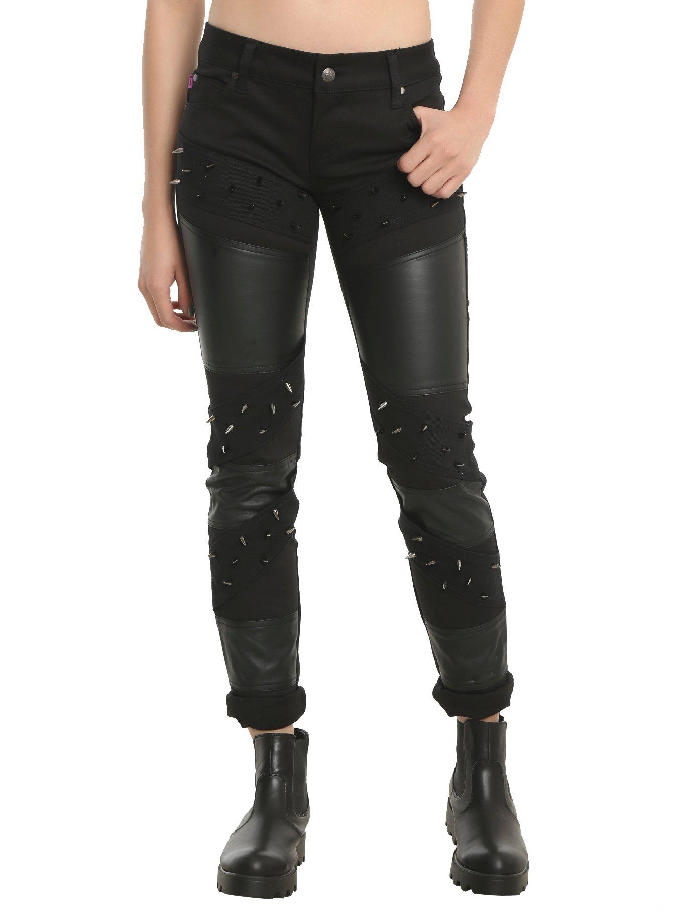 Tripp Black Spiked & Faux Leather Jeans, BLACK, hi-res