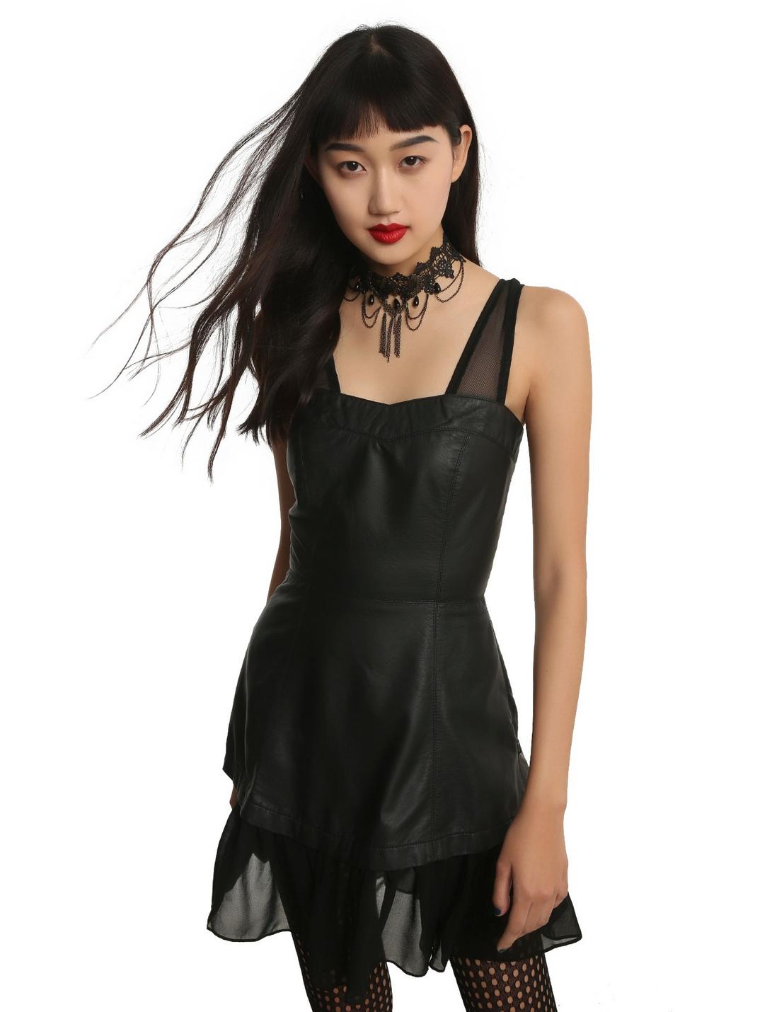 Tripp Black Faux Leather Fit & Flare Layered Dress, BLACK, hi-res