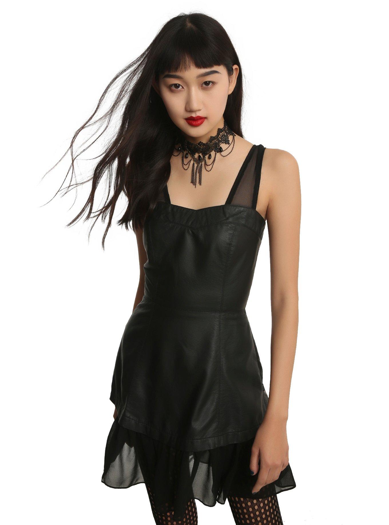 Tripp Black Faux Leather Fit & Flare Layered Dress, BLACK, hi-res
