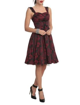 Red & Black Brocade Lace-Up Dress, , hi-res