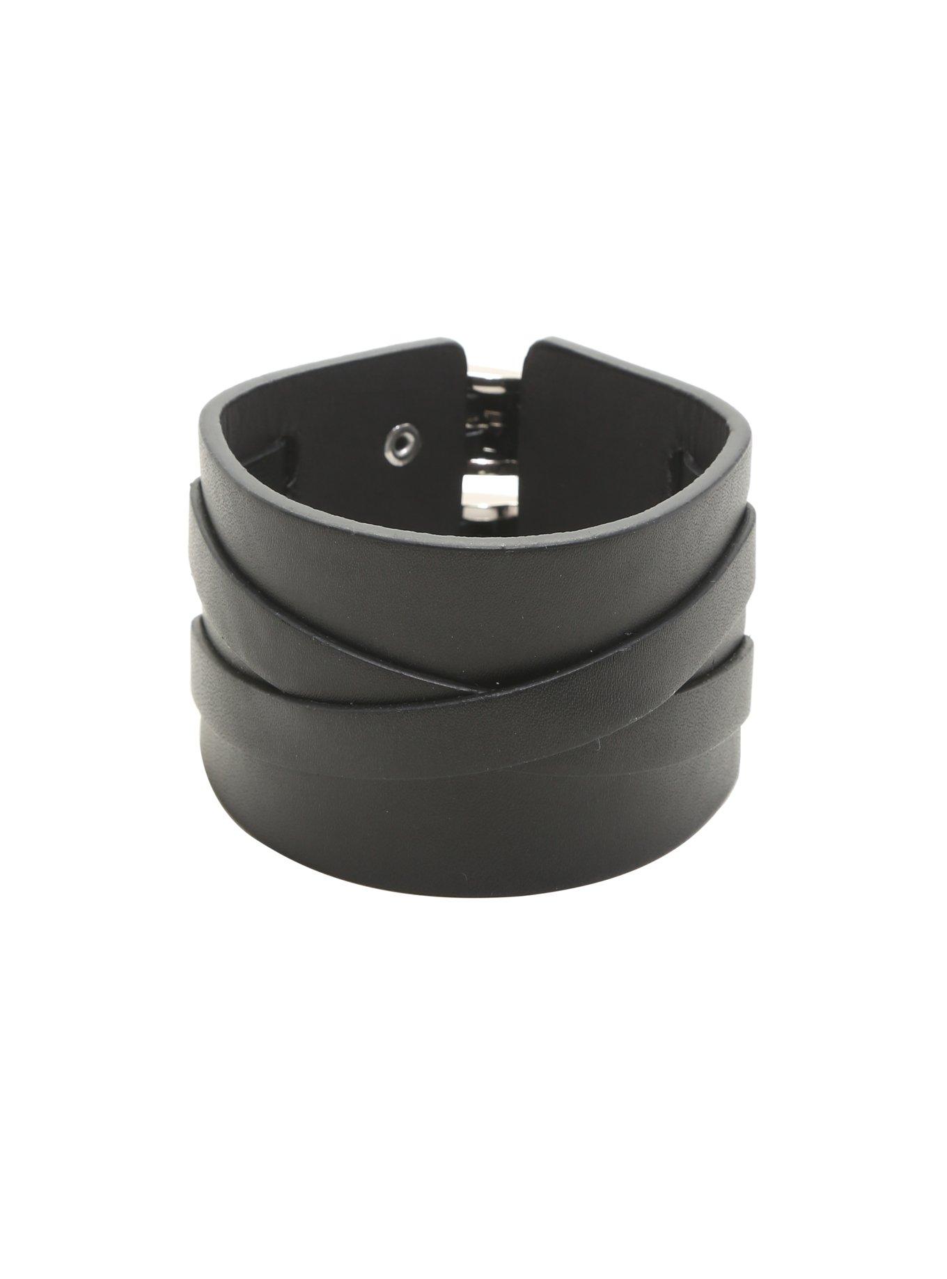 Black Leather Two Strap Weave Cuff, , hi-res