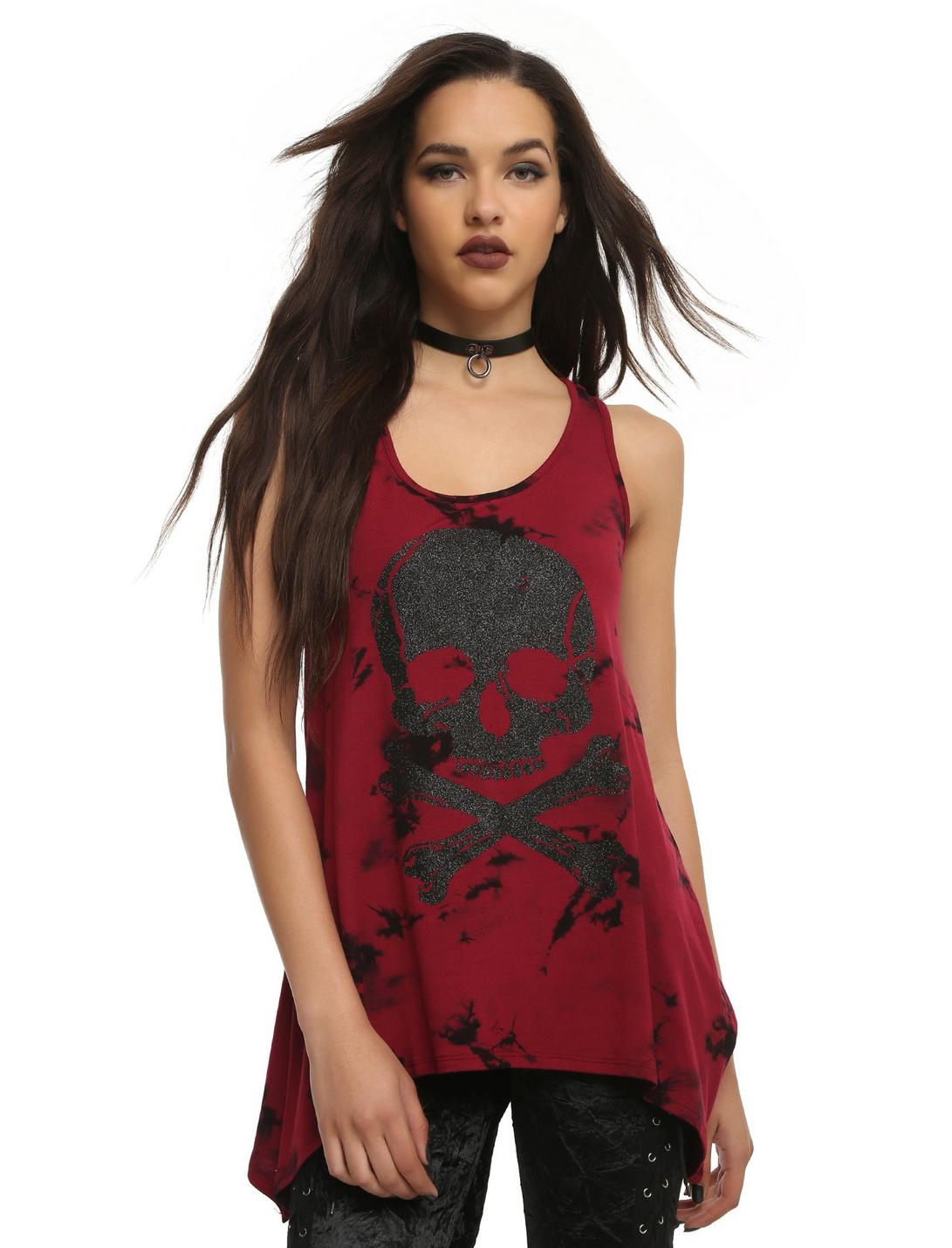 Red & Black Glitter Skull And Crossbones Tie Dye Girls Sharkbite Tank Top, RED, hi-res