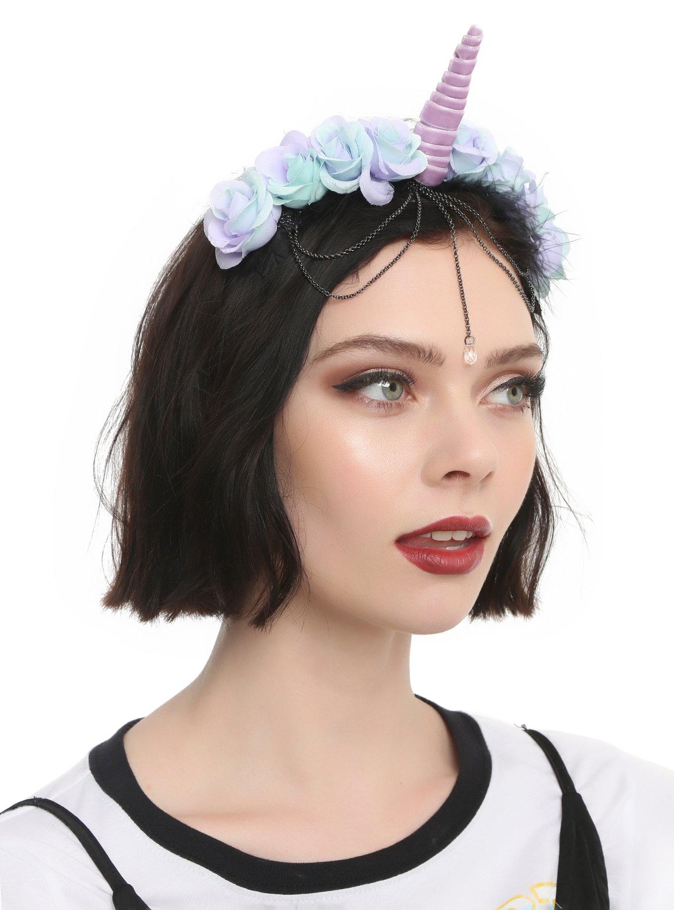 Velvet Unicorn Rose Applique Forehead Chain Headband, , hi-res