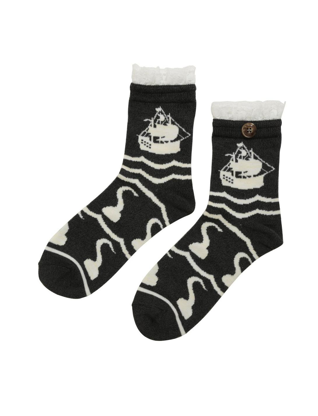 Once Upon A Time Sailboat & Hook Print Lace Trim Socks, , hi-res