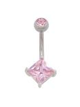 14G Pink Pronged Square CZ Navel Barbell, , hi-res