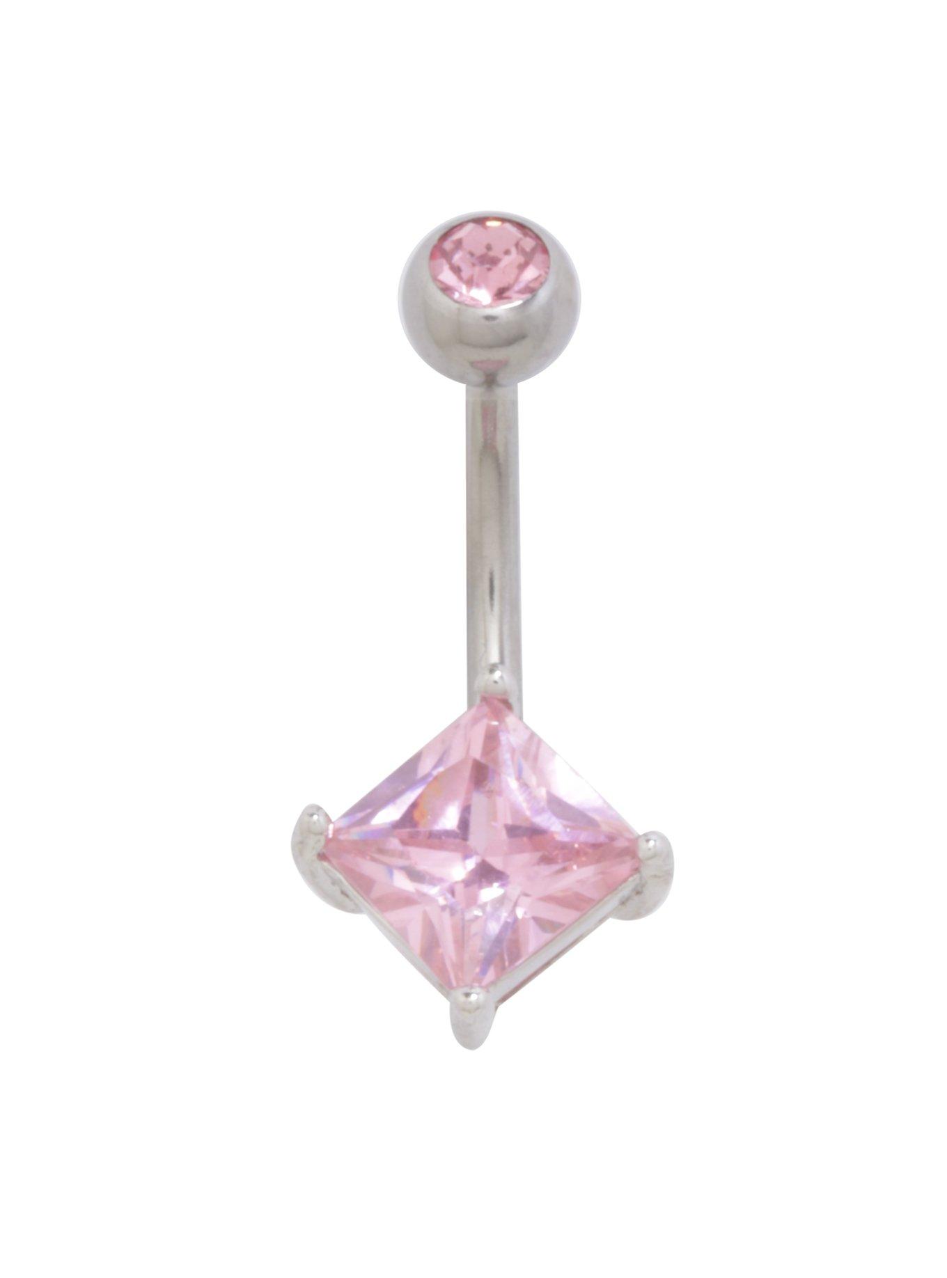 14G Pink Pronged Square CZ Navel Barbell, , hi-res