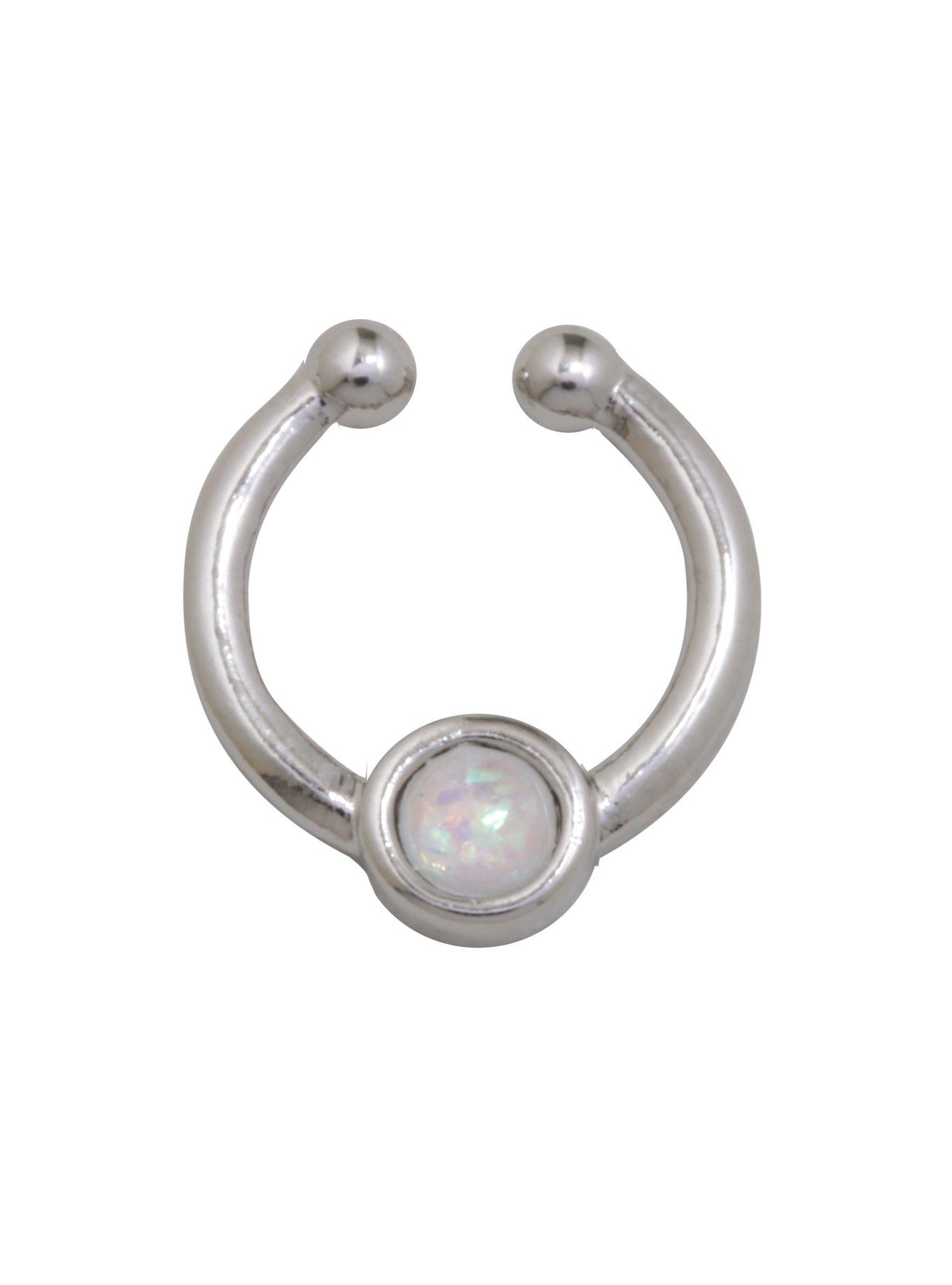 Silver White Opal Faux Septum Ring, , hi-res