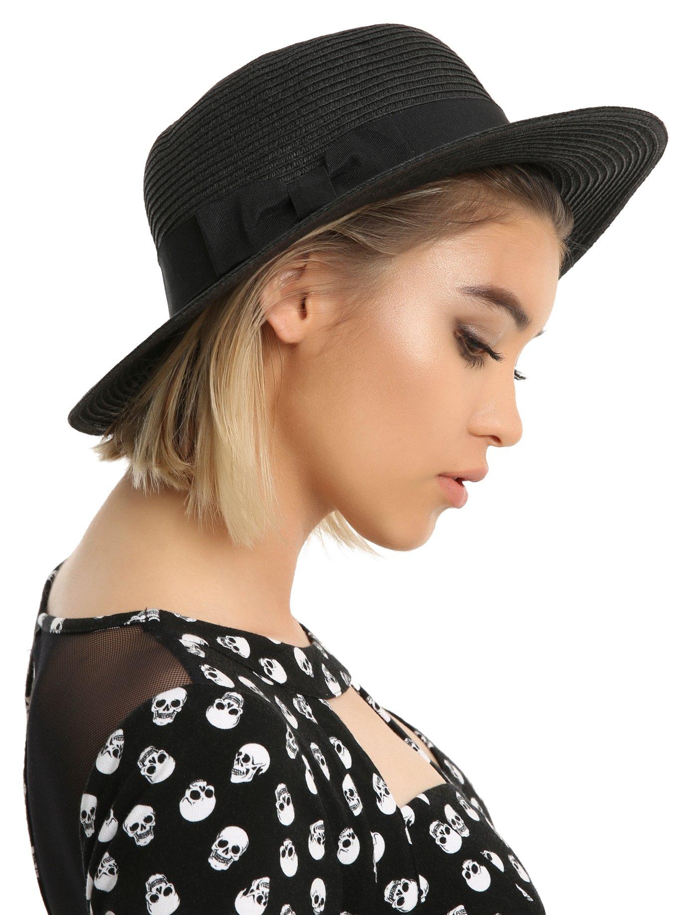 Black Straw Boater Hat With Bow, , hi-res