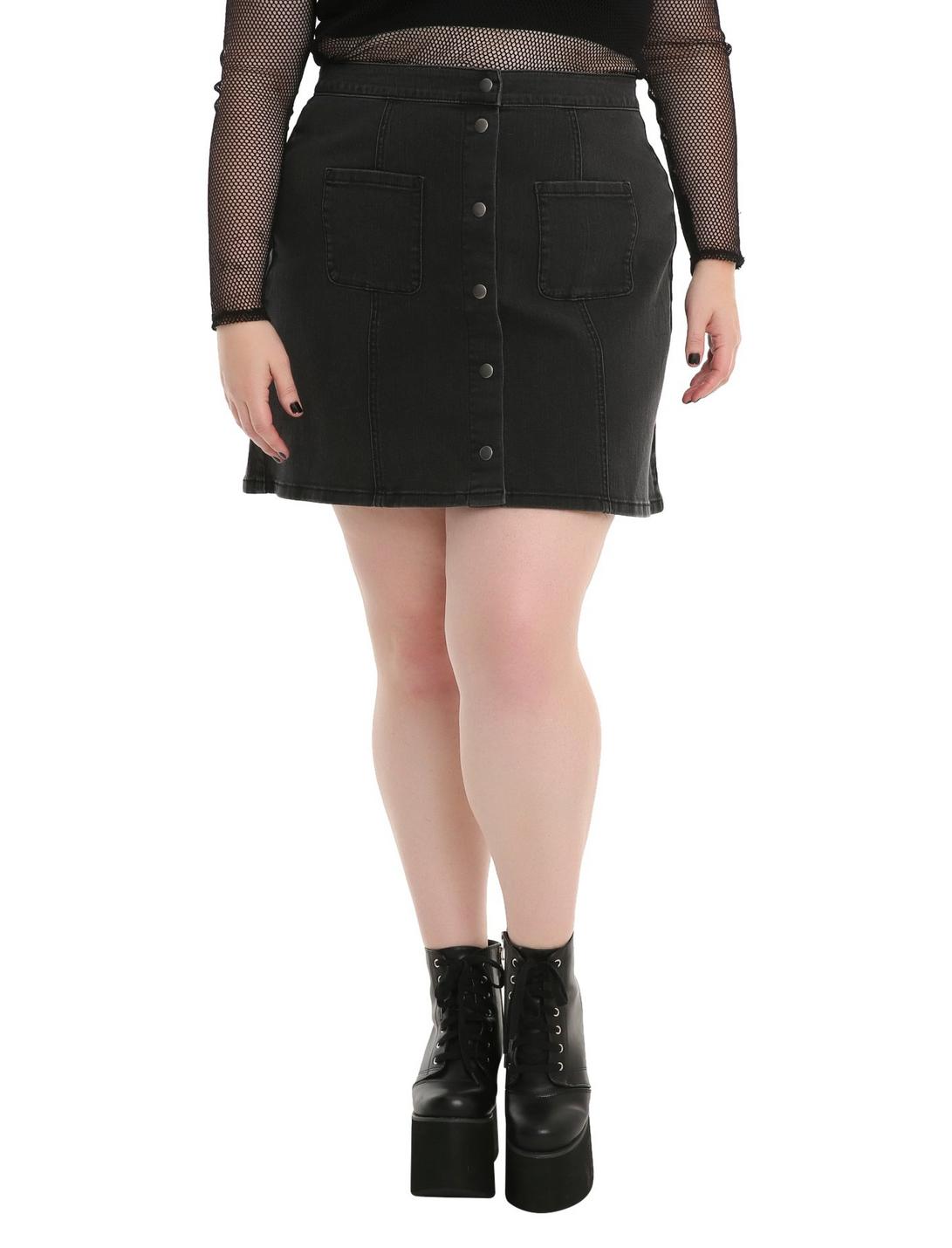 Blackheart Black Denim Snap Front Skirt Plus Size, BLACK, hi-res