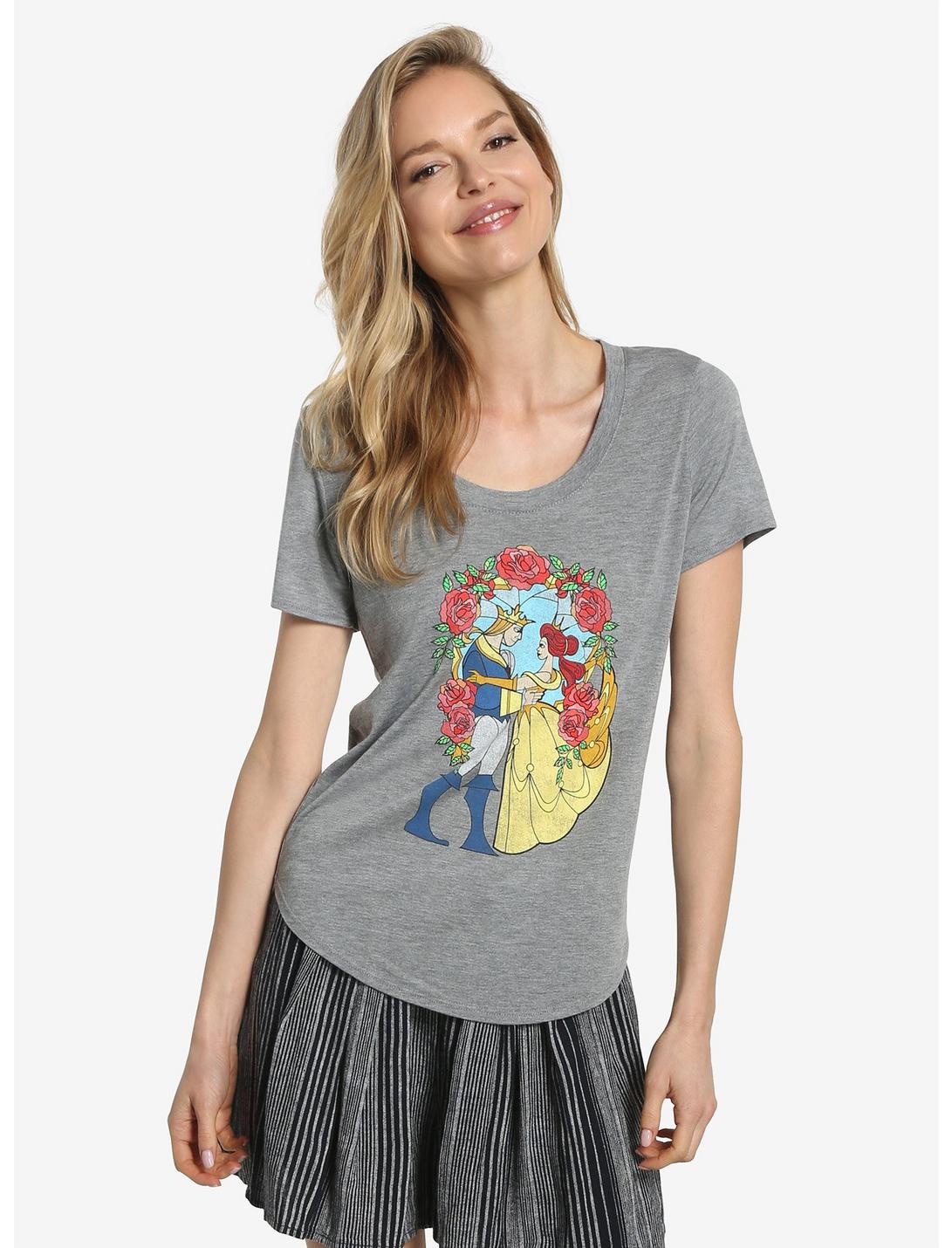 Disney Beauty And The Beast Stained Glass Womens Tee, GREY, hi-res