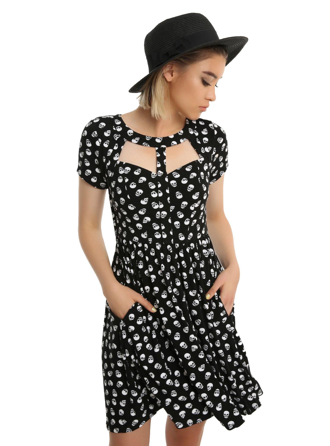 Black & White Skull Cutout Mesh Dress, BLACK, hi-res