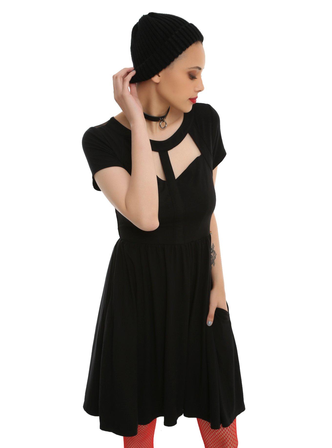 Black Cutout Mesh Dress, BLACK, hi-res