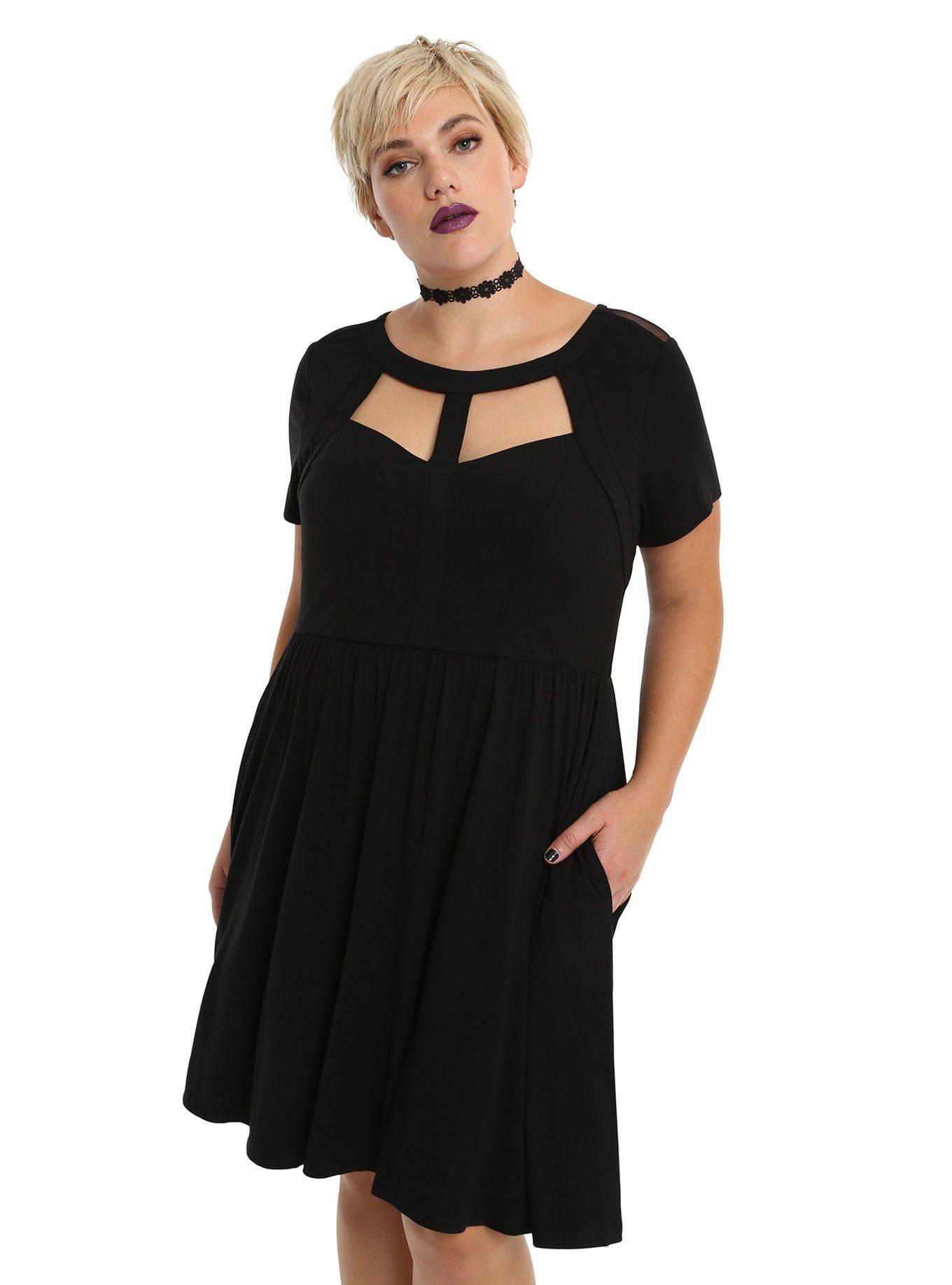 Black Cutout Mesh Dress Plus Size, BLACK, hi-res