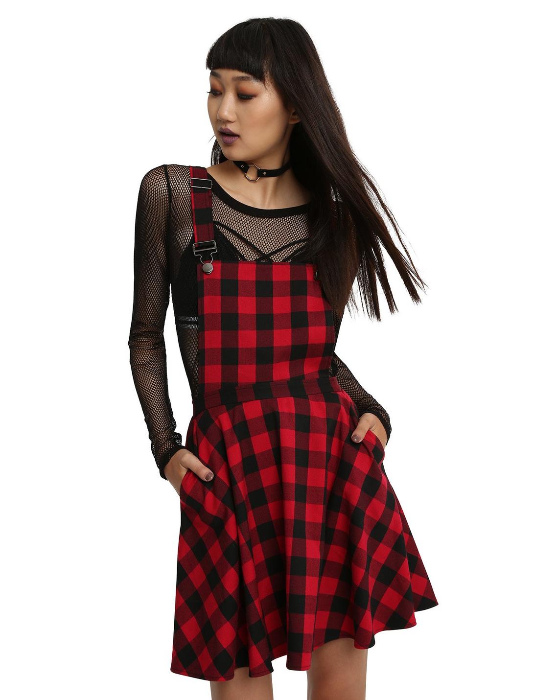 Red & Black Plaid Overall Dress, , hi-res