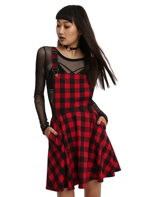 Red & Black Plaid Overall Dress