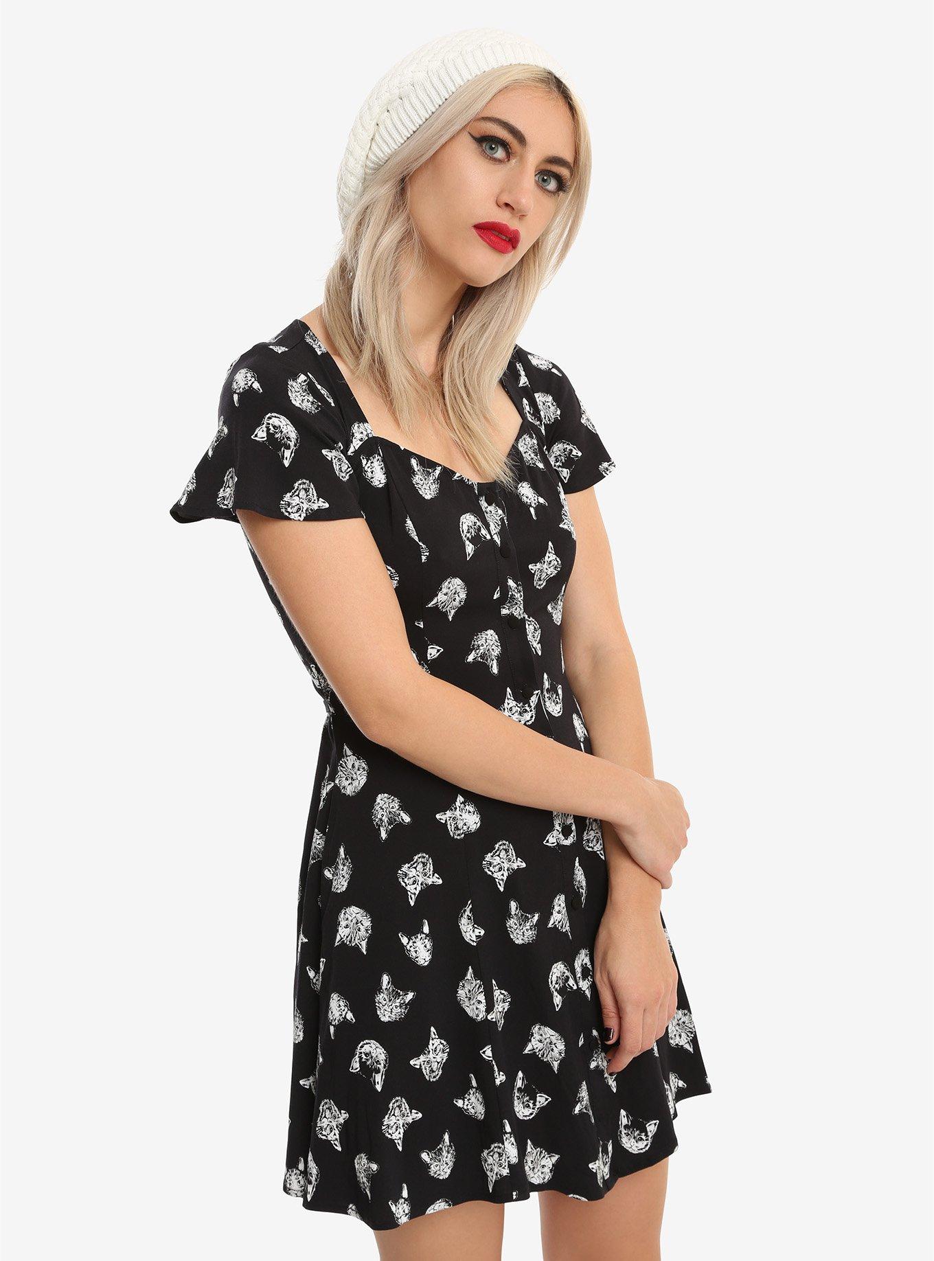 Cat Print Button-Front Dress, BLACK, hi-res